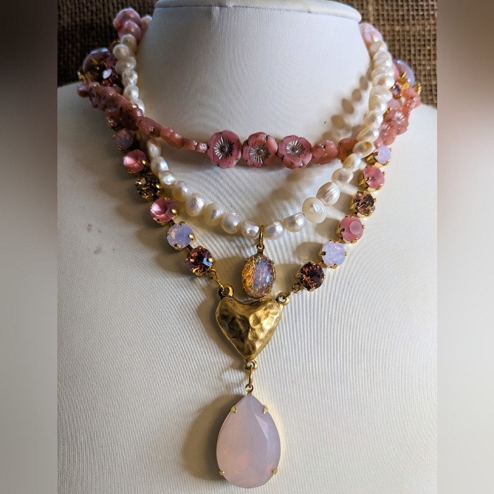 Victorian Pink Fire Opal, Crystals, Porcelain & Pearls in Stunning Necklace